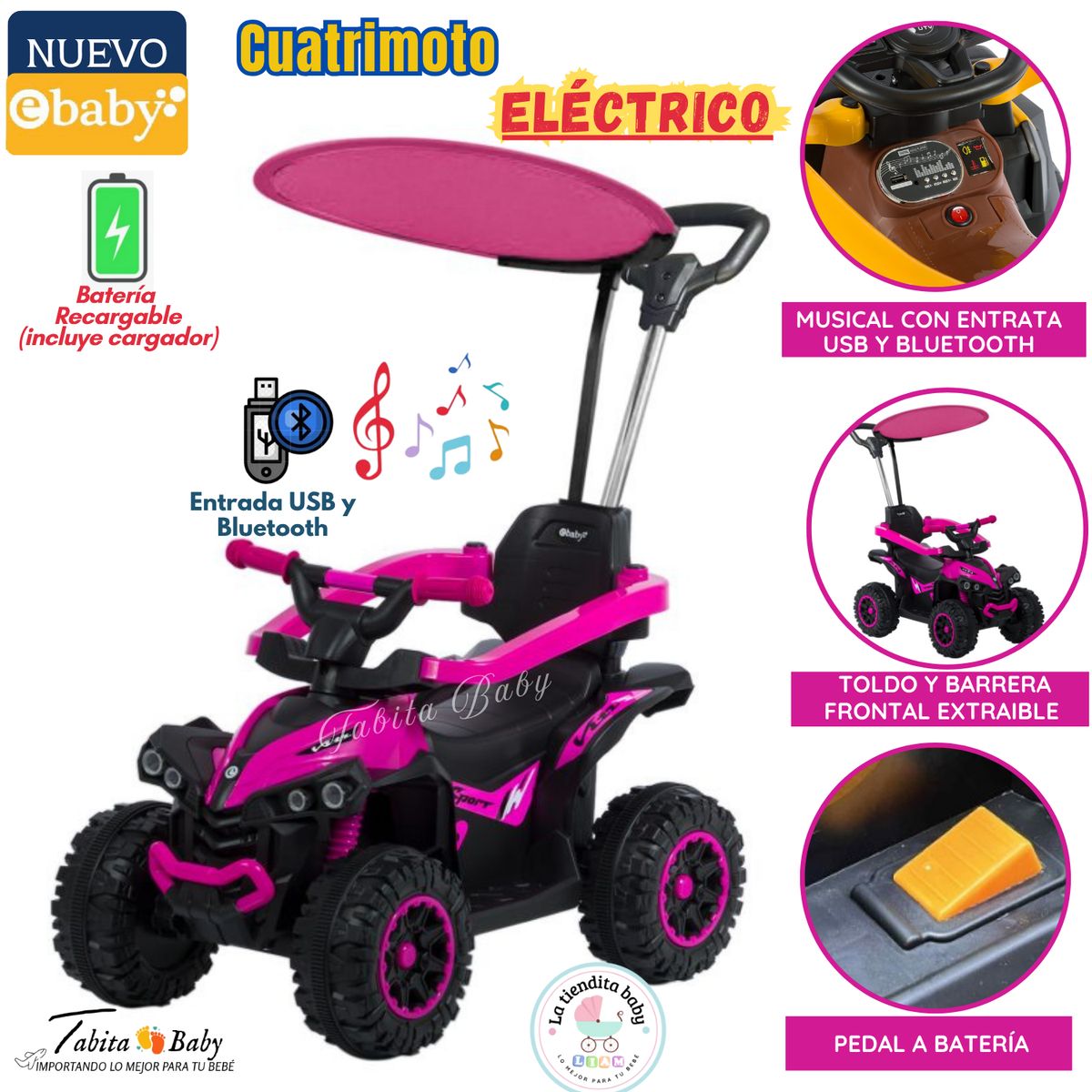 EBABY - Cuatrimoto Eléctrico Musical para niños Rosado 357W