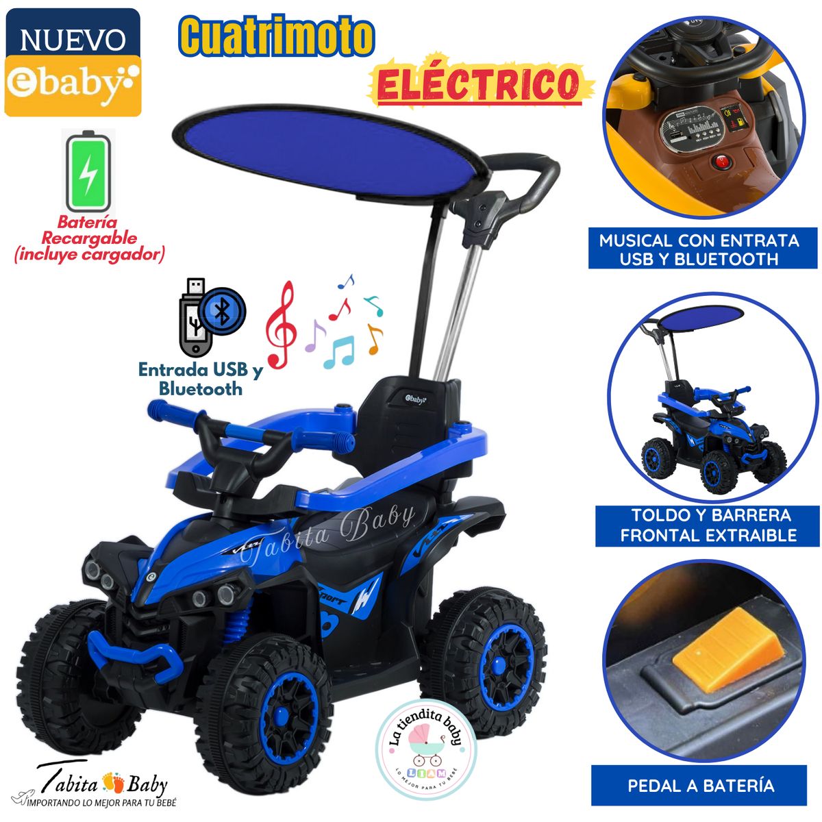 EBABY - Cuatrimoto Eléctrico Musical para niños Azul 357W