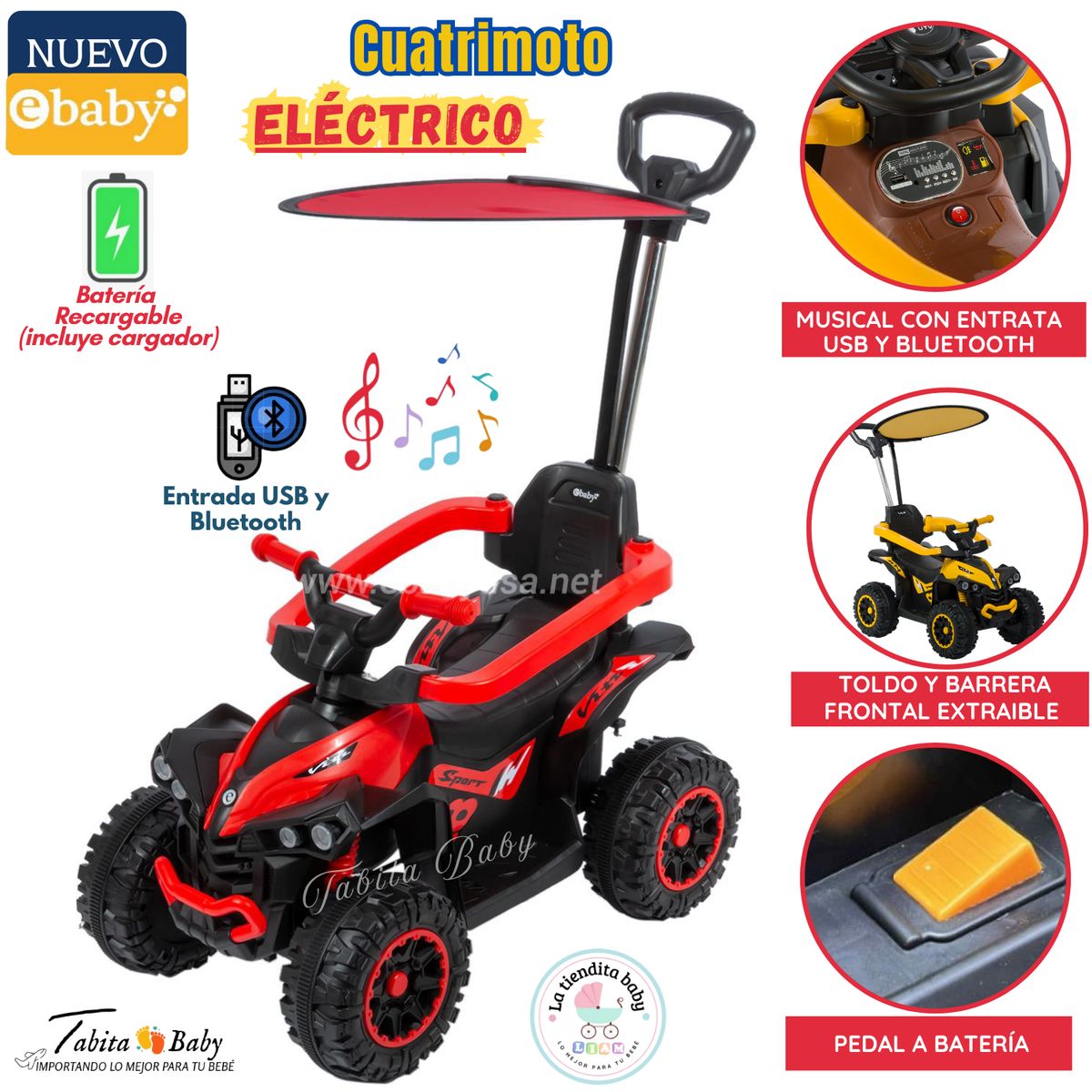 EBABY - Cuatrimoto Eléctrico Musical para niños Rojo 357W