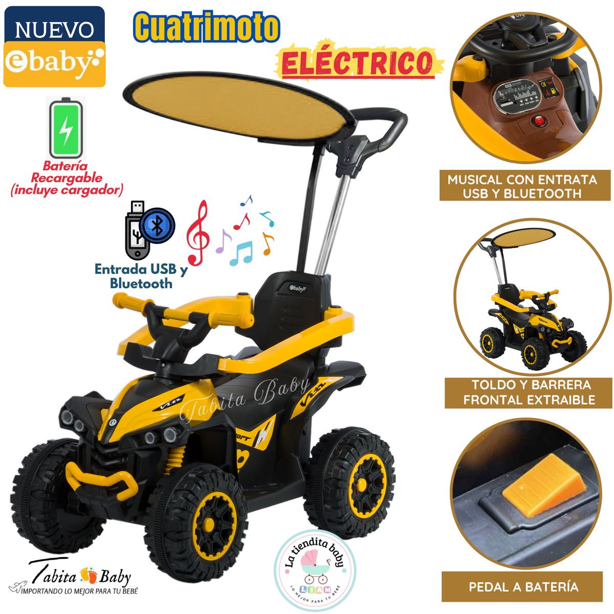 EBABY - Cuatrimoto Eléctrico Musical para niños Amarillo 357W