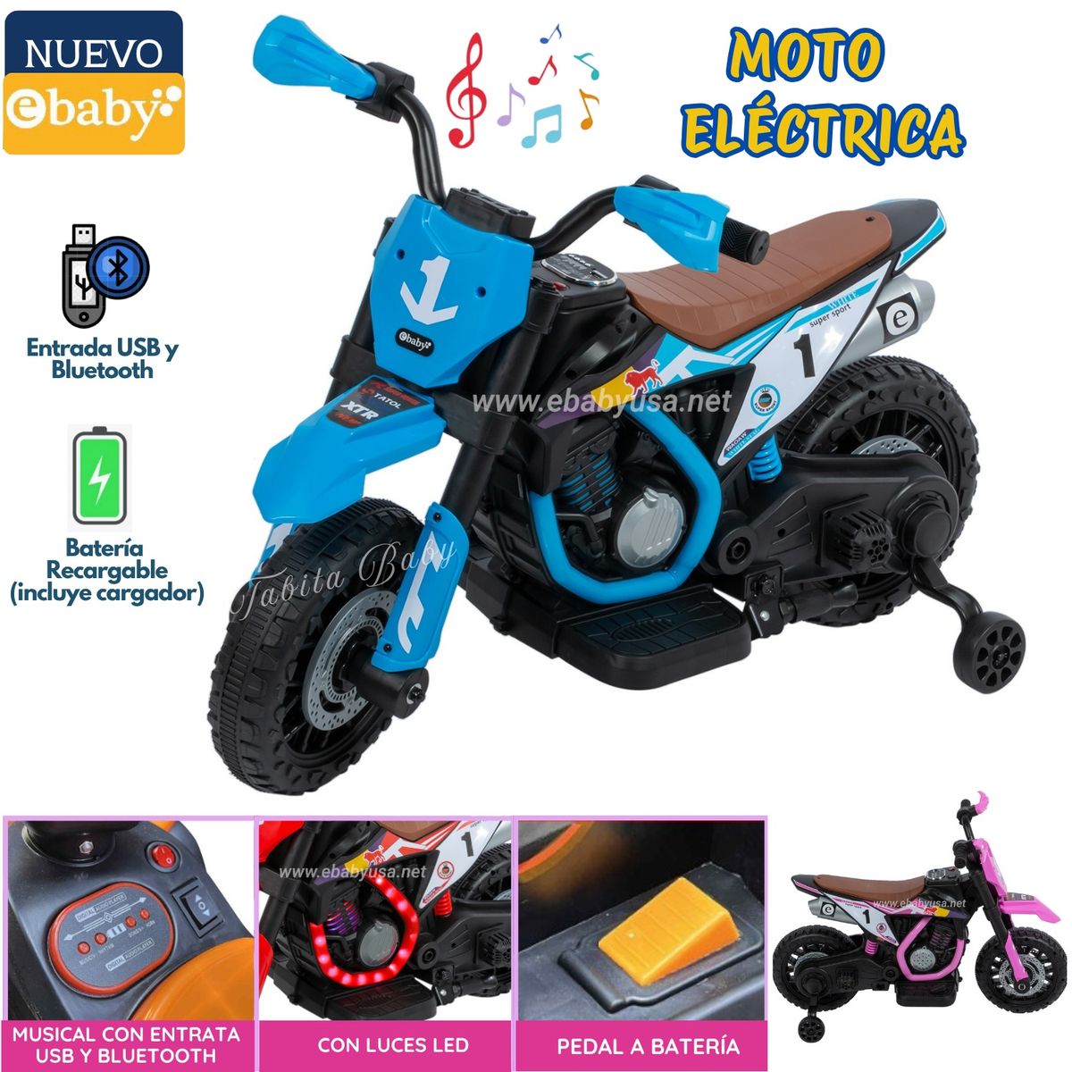 EBABY - Motocicleta a Batería recargable musical y luces AZUL