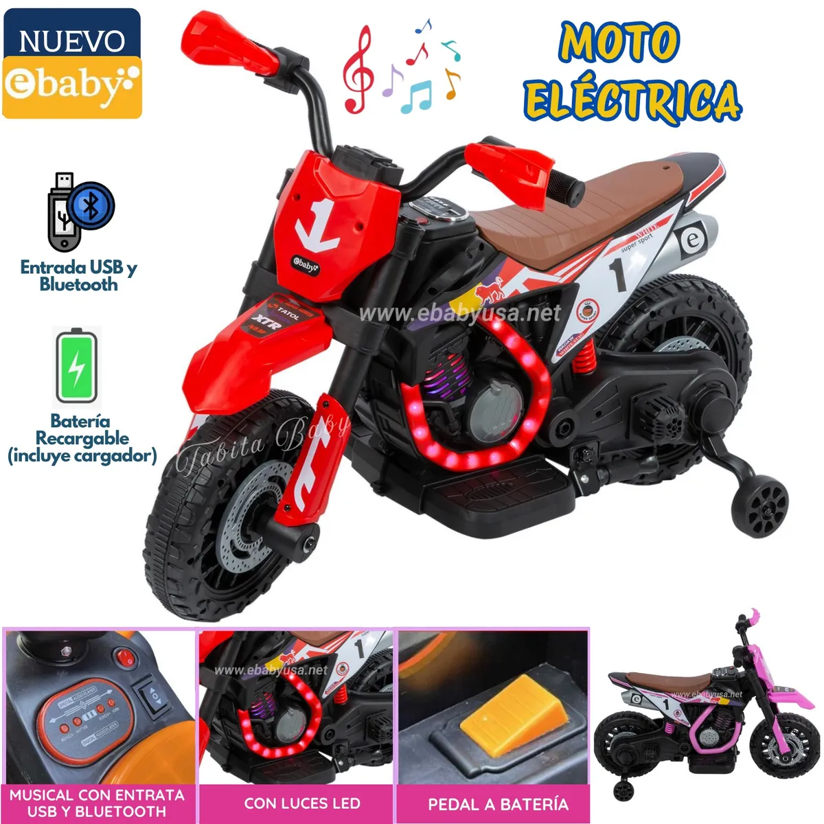 Motocicleta a Batería recargable musical y luces Rojo, marca EBABY - Foto Principal