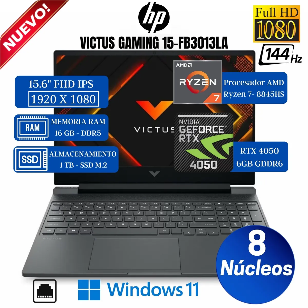 HP - Laptop HP Victus Gaming 15-FB3013LA 15.6” FHD, Ryzen 7-8845HS, Ram 16GB, SSD 1 TB, Rtx 4050, Win 11