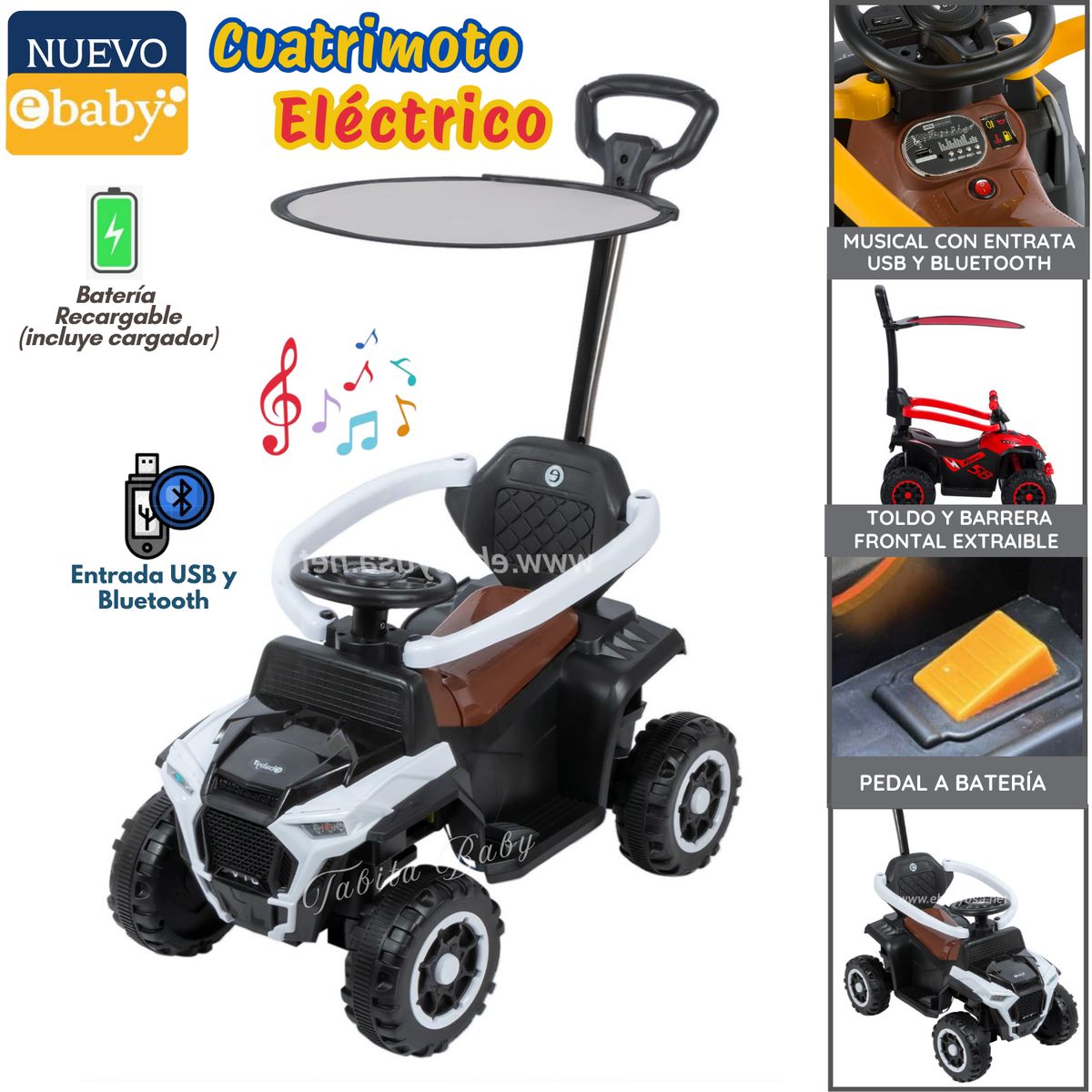 EBABY - Carrito Eléctrico Recargable Musical y Luces Blanco 351w