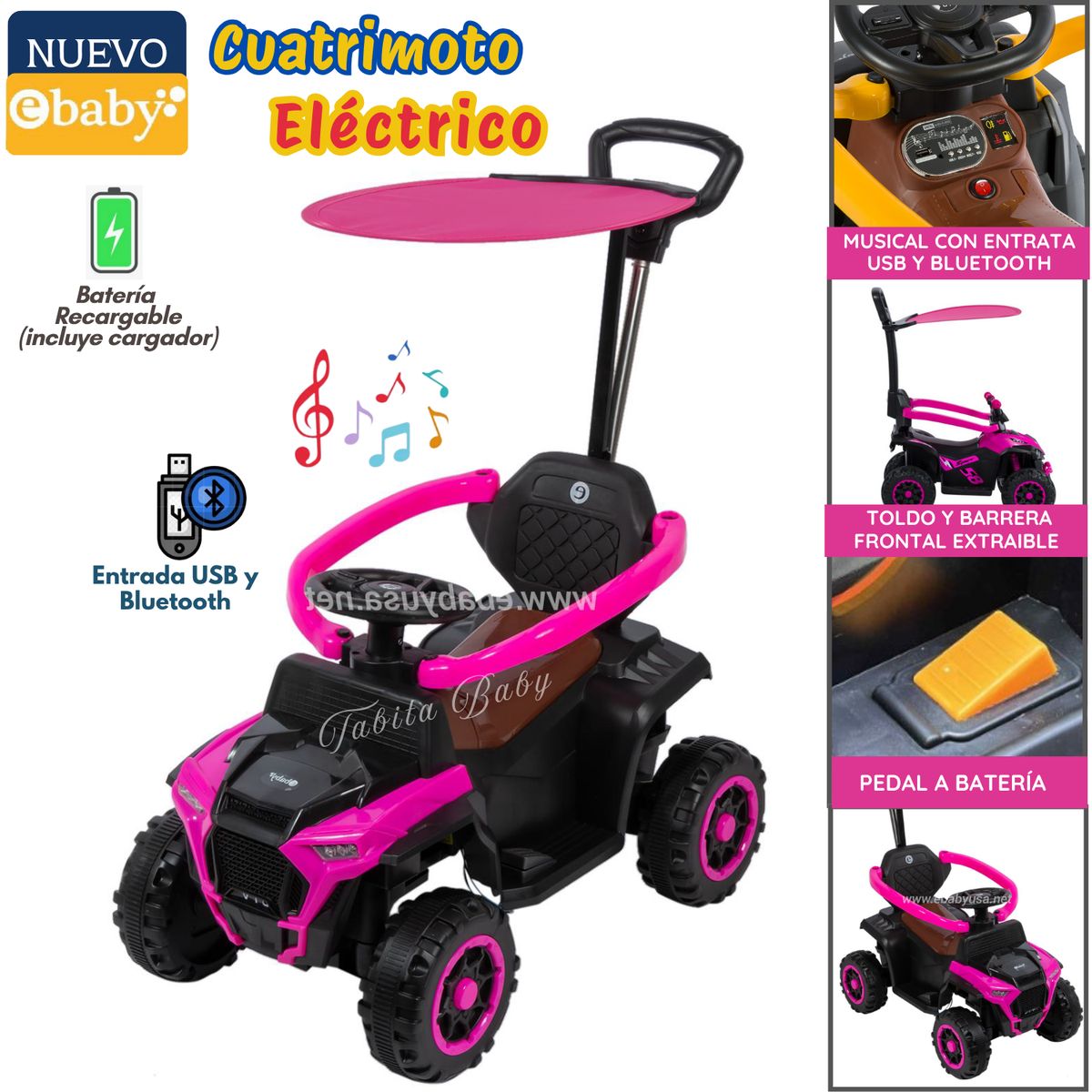 EBABY - Carrito Eléctrico Recargable Musical y Luces Rosado 351w