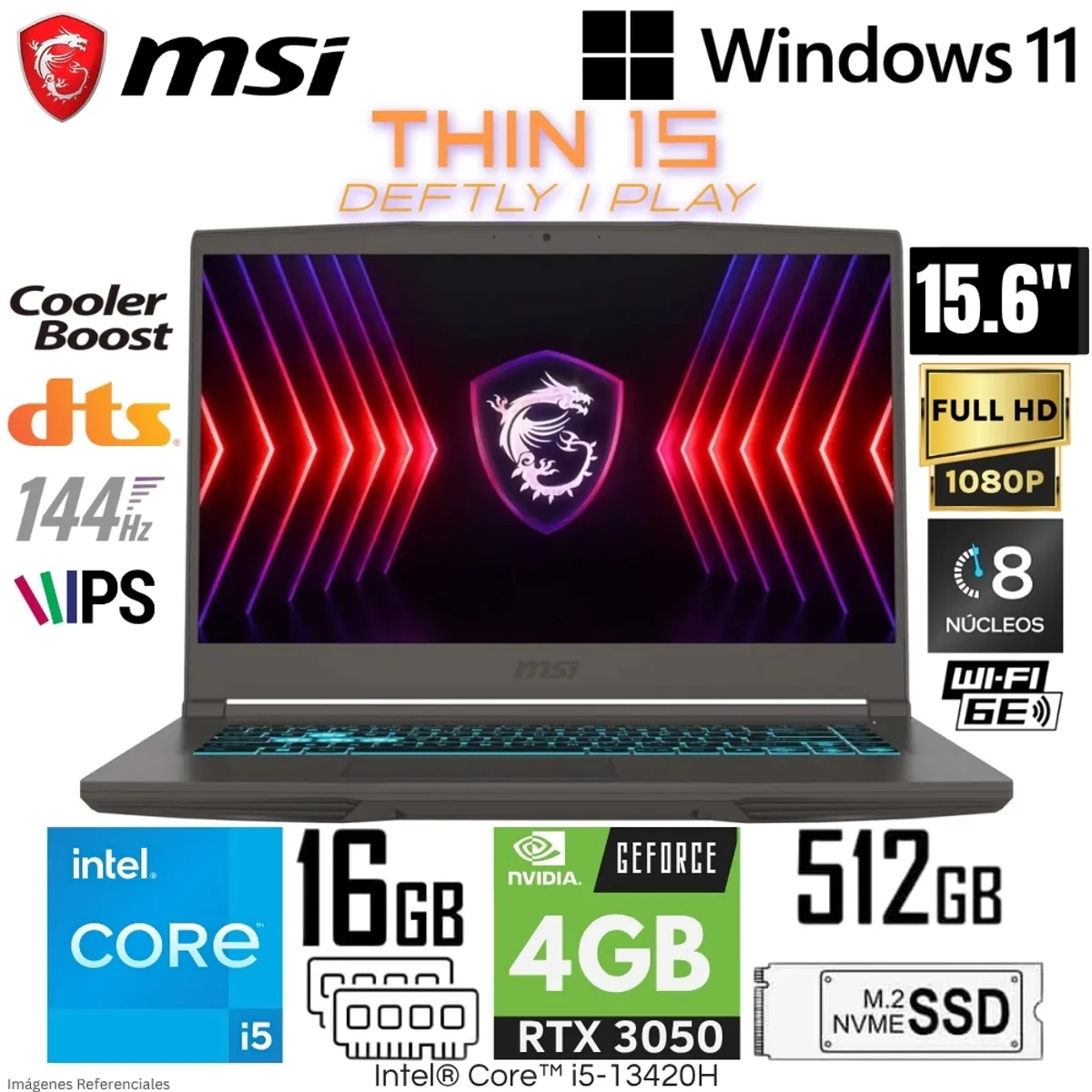 MSI - Laptop MSI Thin 15 B13UC Intel Core i5-13420H 16GB RAM 512GB SSD RTX 3050-4GB 15.6"  FHD 144Hz
