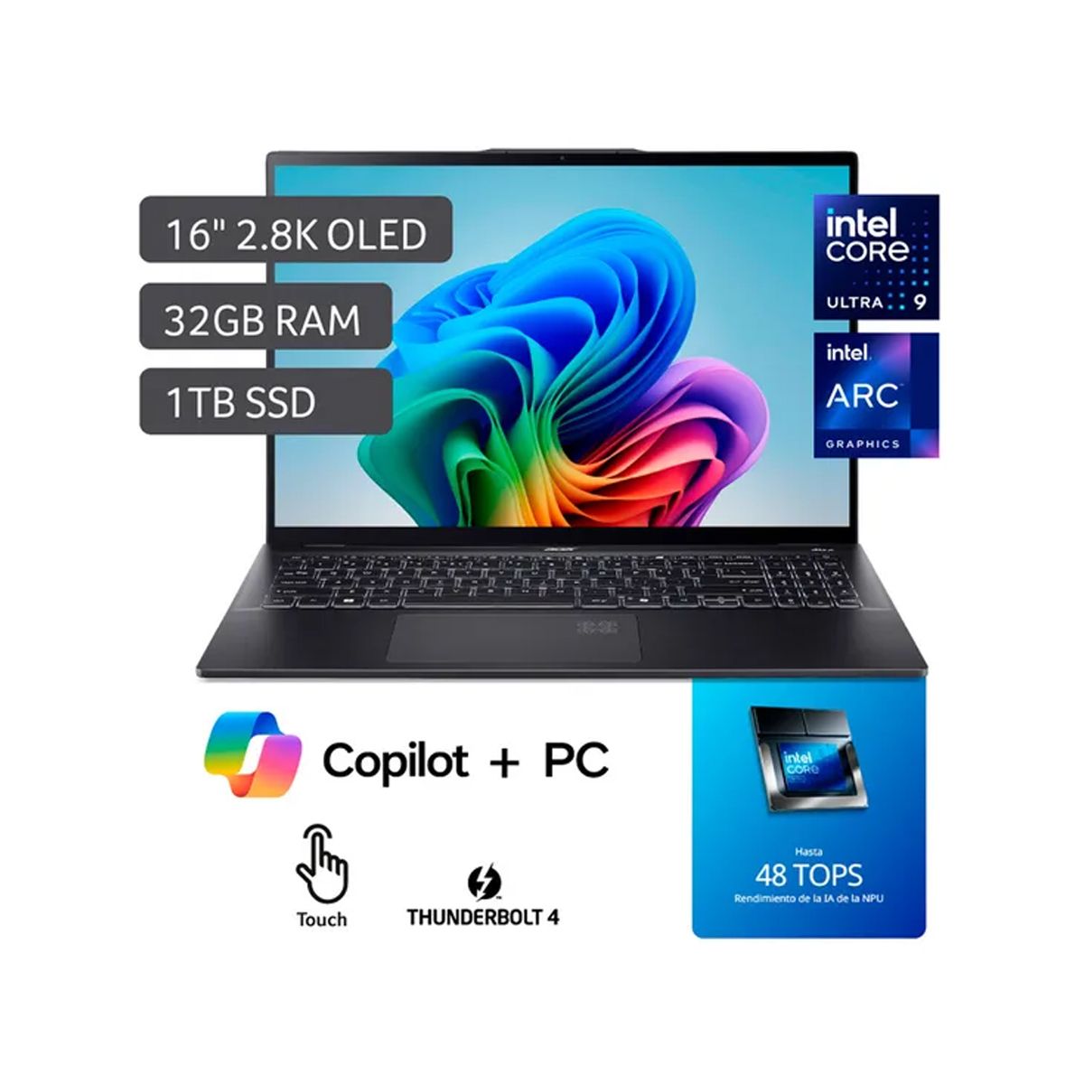 ACER - Laptop Acer 16"Táctil, Intel Core Ultra 9 288V (Serie 2) 32GB RAM 1TB SF16-51T-96RG