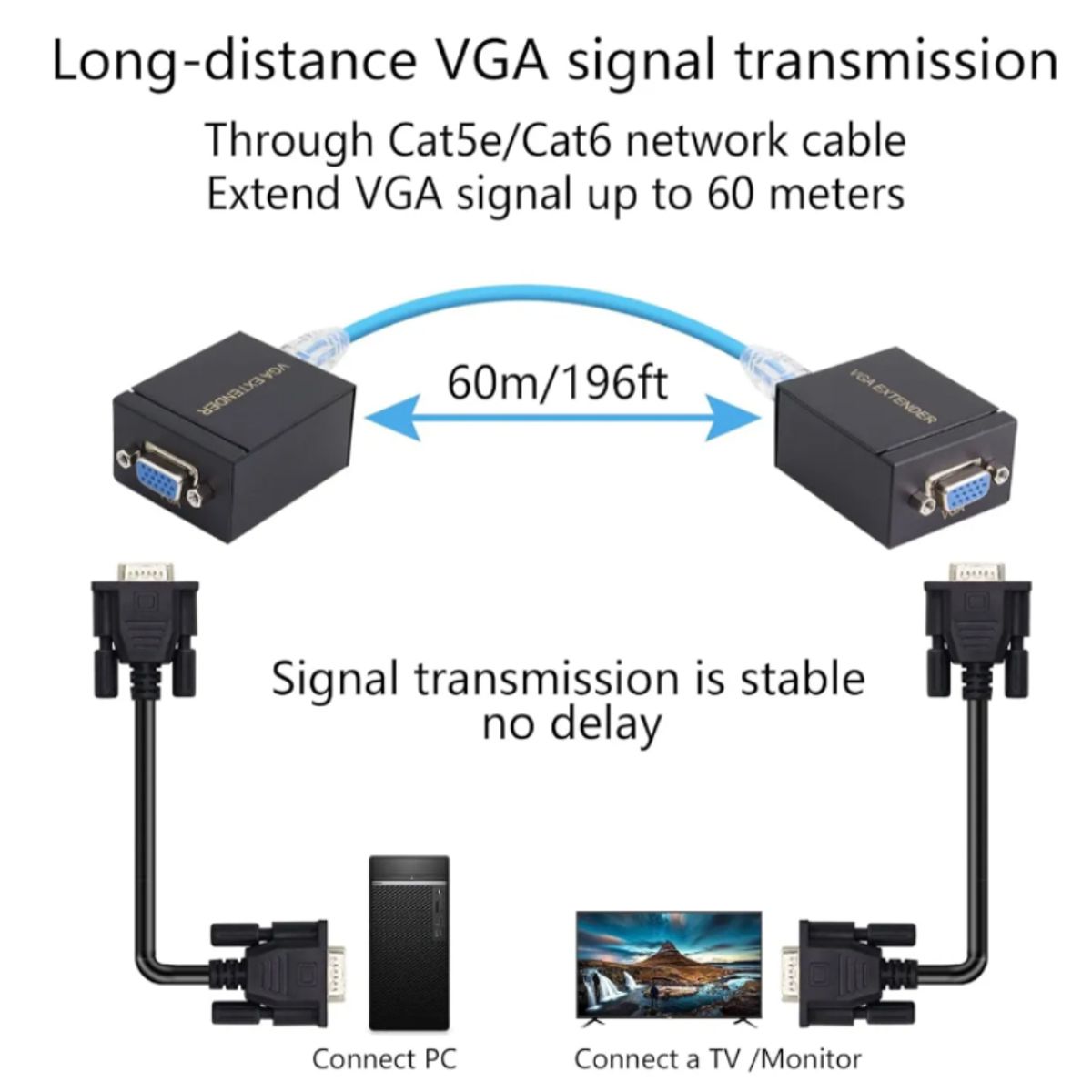 OEM - Extensor Utp VGA a VGA Rj45 Hasta 60 Metros 60m cat 5e 6