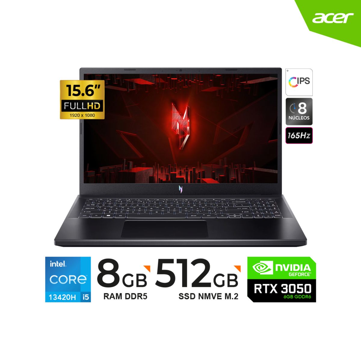 ACER - Laptop Nitro V 15 ANV15-51-53PX Core I5-13420h/15.6" FHD 165hz/8gb/Ssd 512GB/RTX 3050 6gb/Freedos