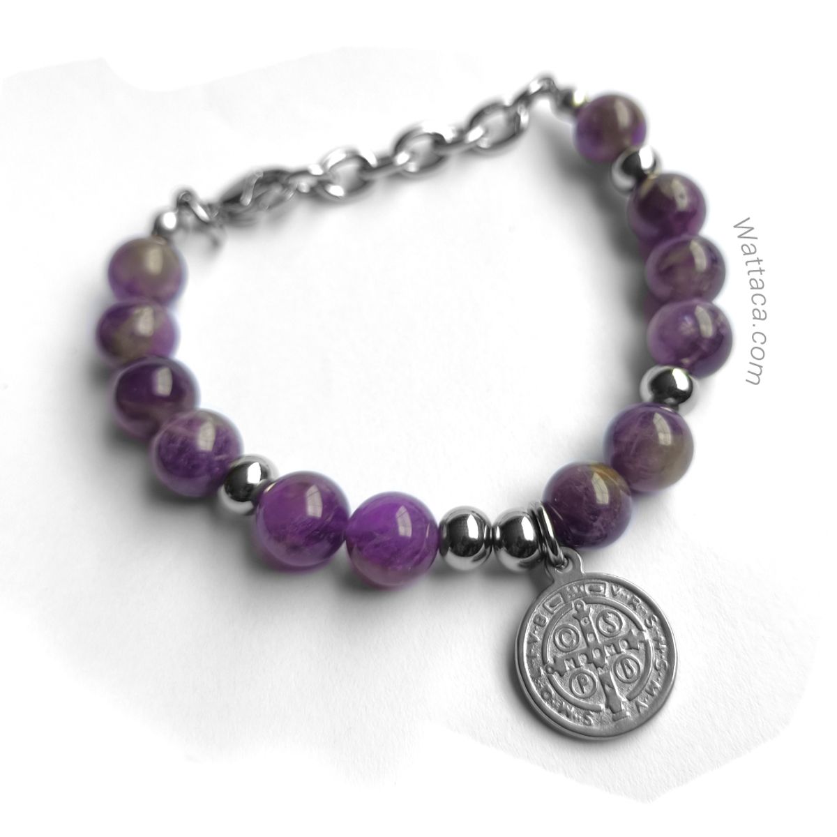 WATTACA - Pulsera San Benito Amatista 8mm Acero Inoxidable  Colección Mujer - Wattaca