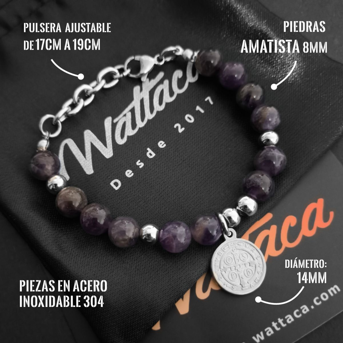 WATTACA - Pulsera San Benito Amatista 8mm Acero Inoxidable  Colección Mujer - Wattaca