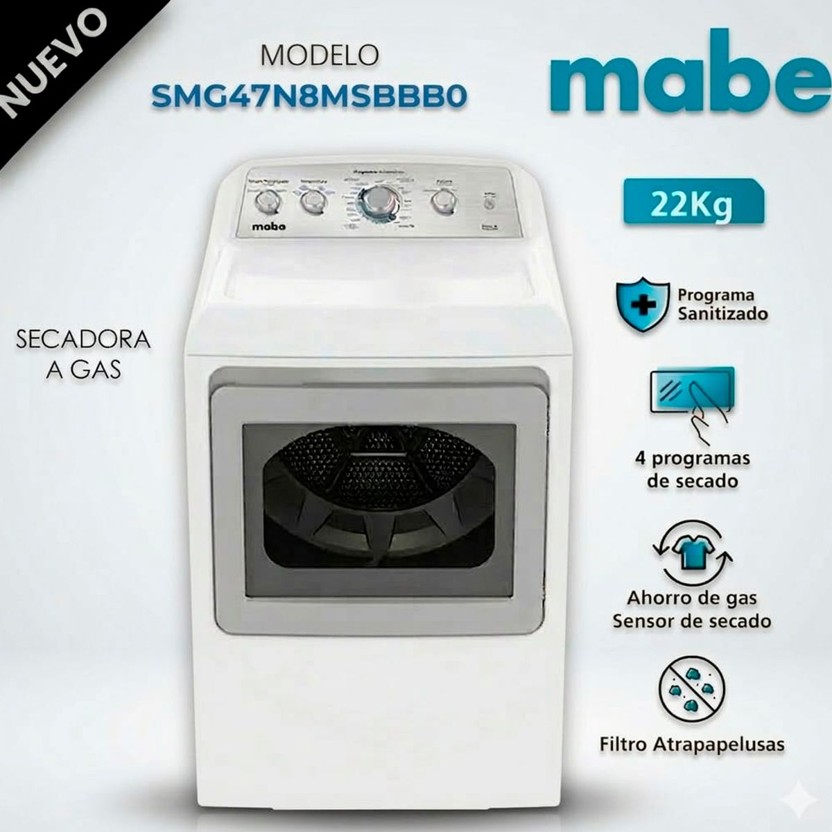 MABE - Secadora a Gas Mabe 22 kg Blanca SMG47N8MSBBB0