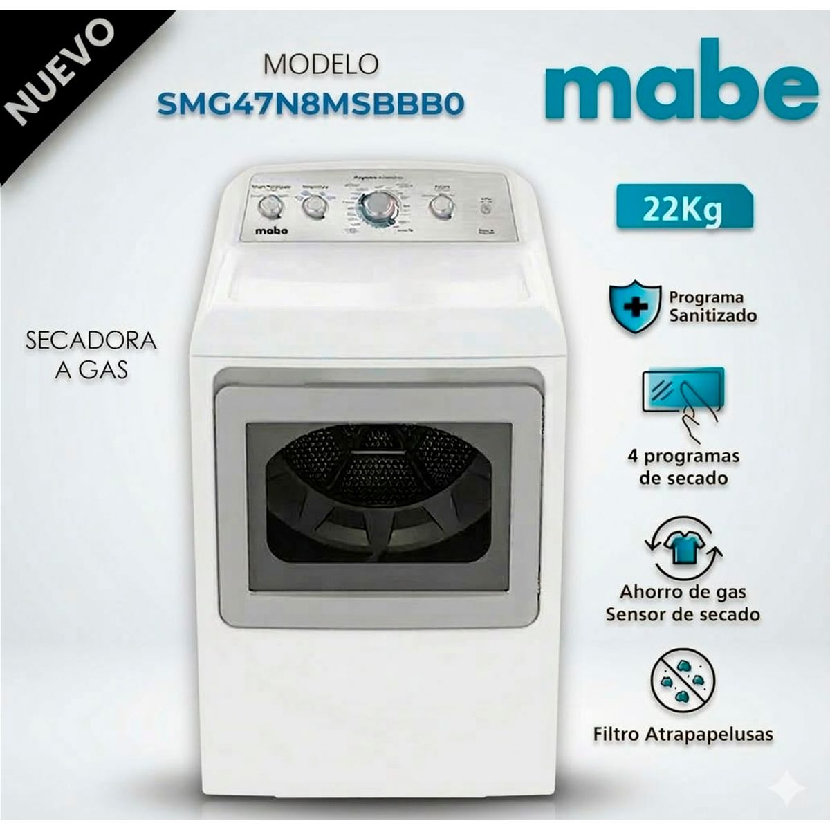 MABE - Secadora a Gas Mabe 22 kg Blanca SMG47N8MSBBB0