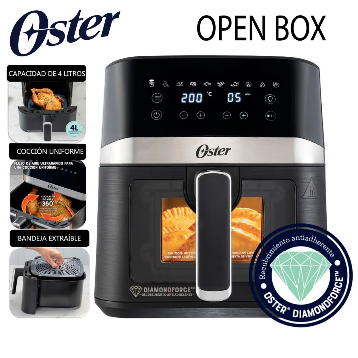 OSTER - Freidora de Aire Digital con Recubrimiento DiamondForce 4LT Negro - OPEN BOX