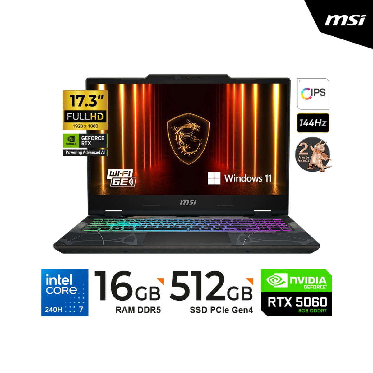 Msi - LAPTOP MSI Cyborg 17 B2RWFKG 17.3" Intel Core ultra 7-240H 16GB/512GB/RTX 5060 8GB GDDR7/Win11/