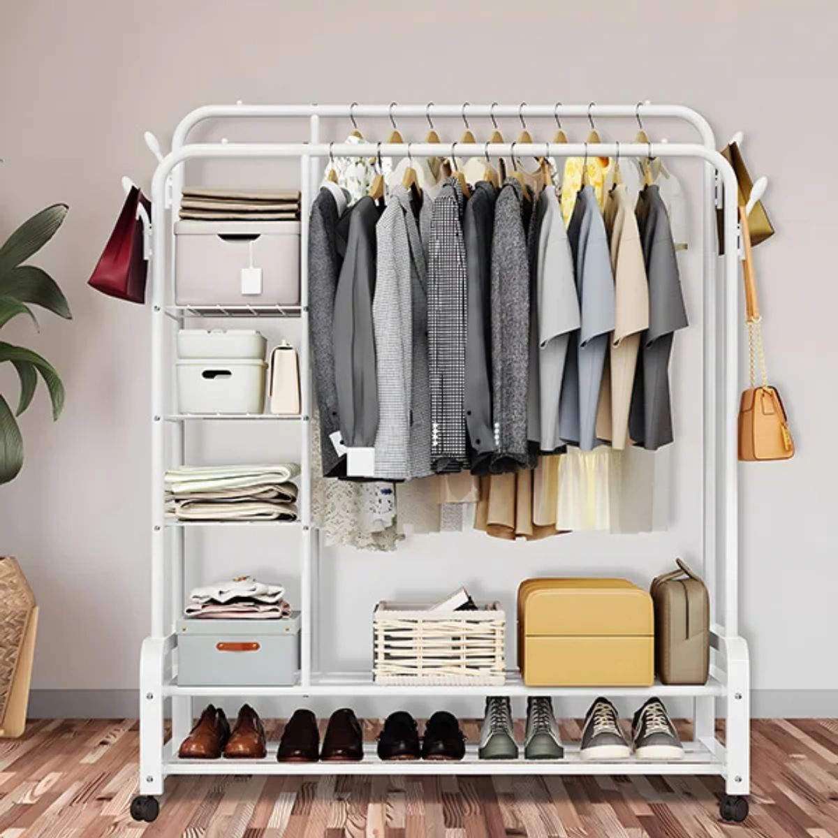 GENERICO - PERCHERO DOBLE BARRA CON ESTANTES LATERALES - COLOR ALEATORIO