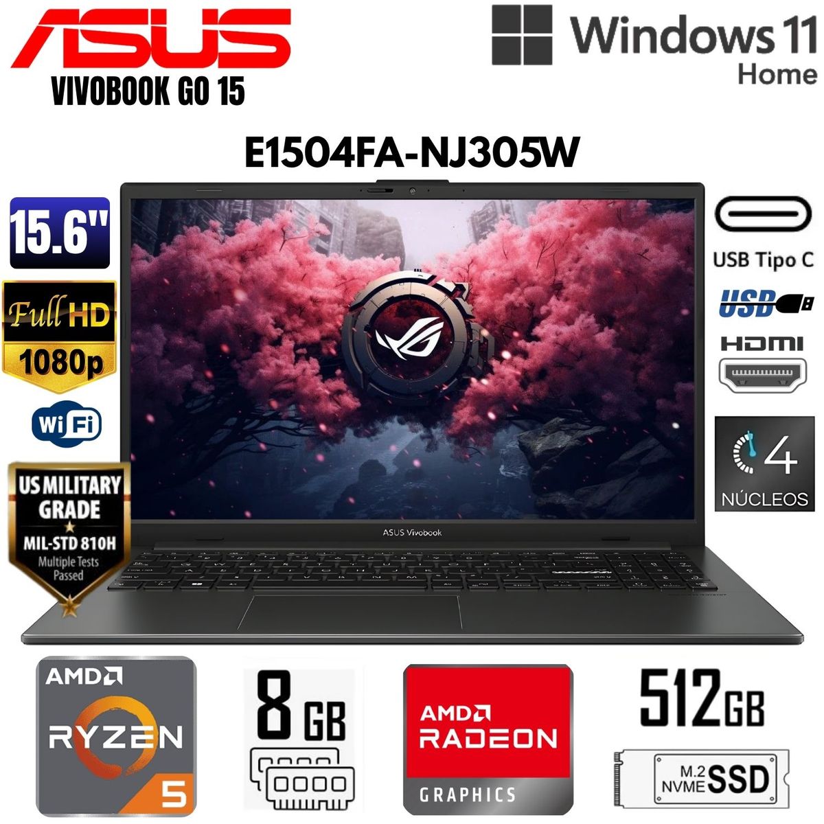 ASUS - Laptop Asus Vivobook Go15 E1504FA-NJ305W 15.6" FHD AMD Ryzen 5 512GB SSD 8GB WIN 11