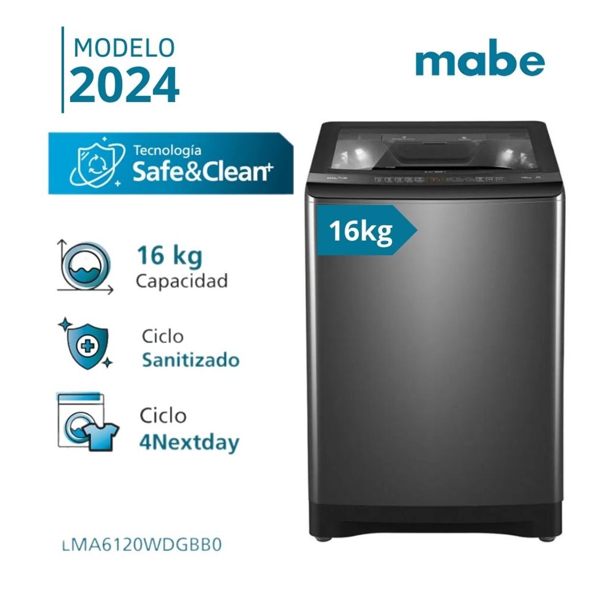 MABE - Lavadora Automática  16 Kg Diamond Gray Mabe - LMA6120WDGBB0