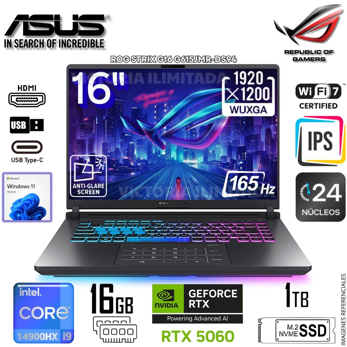 ASUS - Laptop Gamer ASUS ROG STRIX G16 Intel Core i9-14900HX Geforce RTX5060 16GB RAM 1TB SSD 16 WUXGA G615JMR-DS94