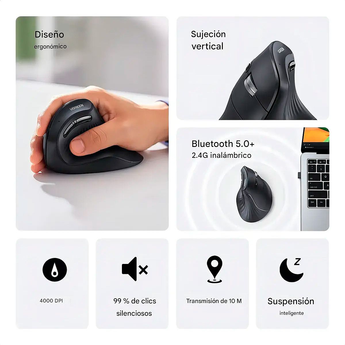 UGREEN - Ugreen MU008 Mouse Vertical Inalámbrico 4000dpi Pcportátil Negro