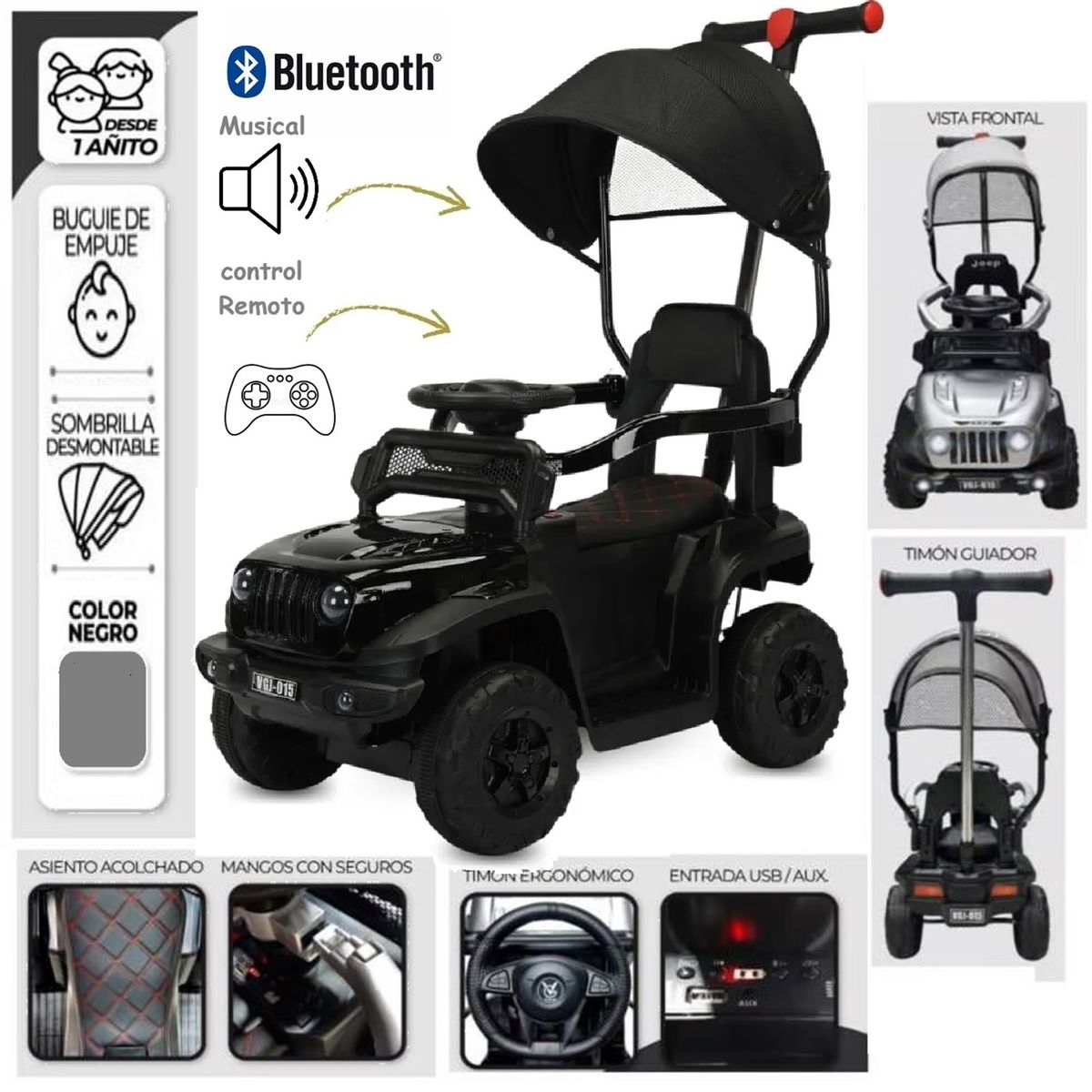 Correpasillo Guiador Buguie con bluetooth Sonido y Luces Negro, marca GENERICO - Foto Principal