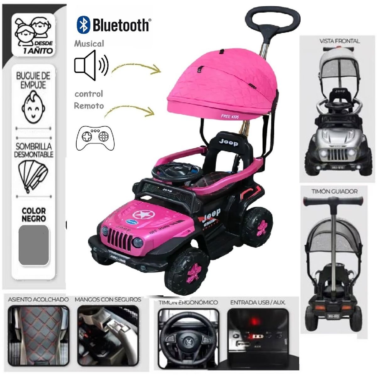 GENERICO - Correpasillo Guiador Buguie con bluetooth Sonido y Luces Rosado