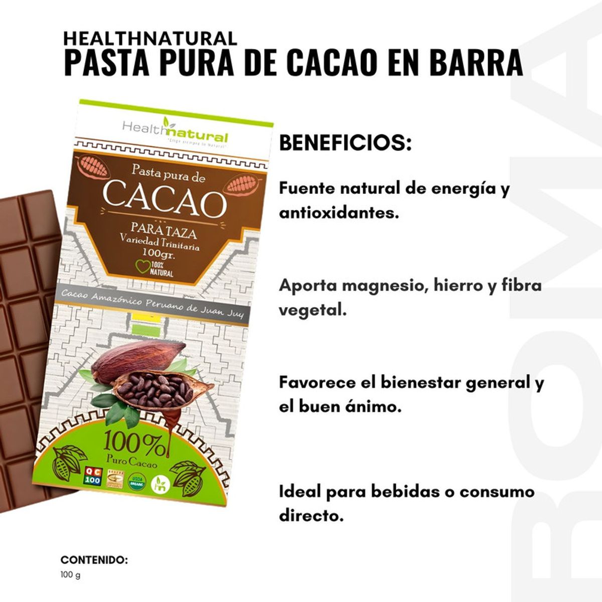 HEALTHNATURAL - PASTA PURA DE CACAO EN BARRA 100G HEALTHNATURAL