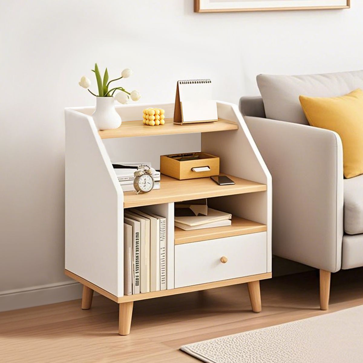 ROHE - Velador 2 Niveles Con Cajones, Color Blanco/Oak, 40x30x53 cm