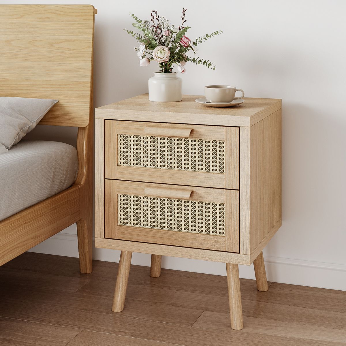 ROHE - Velador de Madera con Cajones de Ratán 40x40x58 cm Estilo Retro Moderno