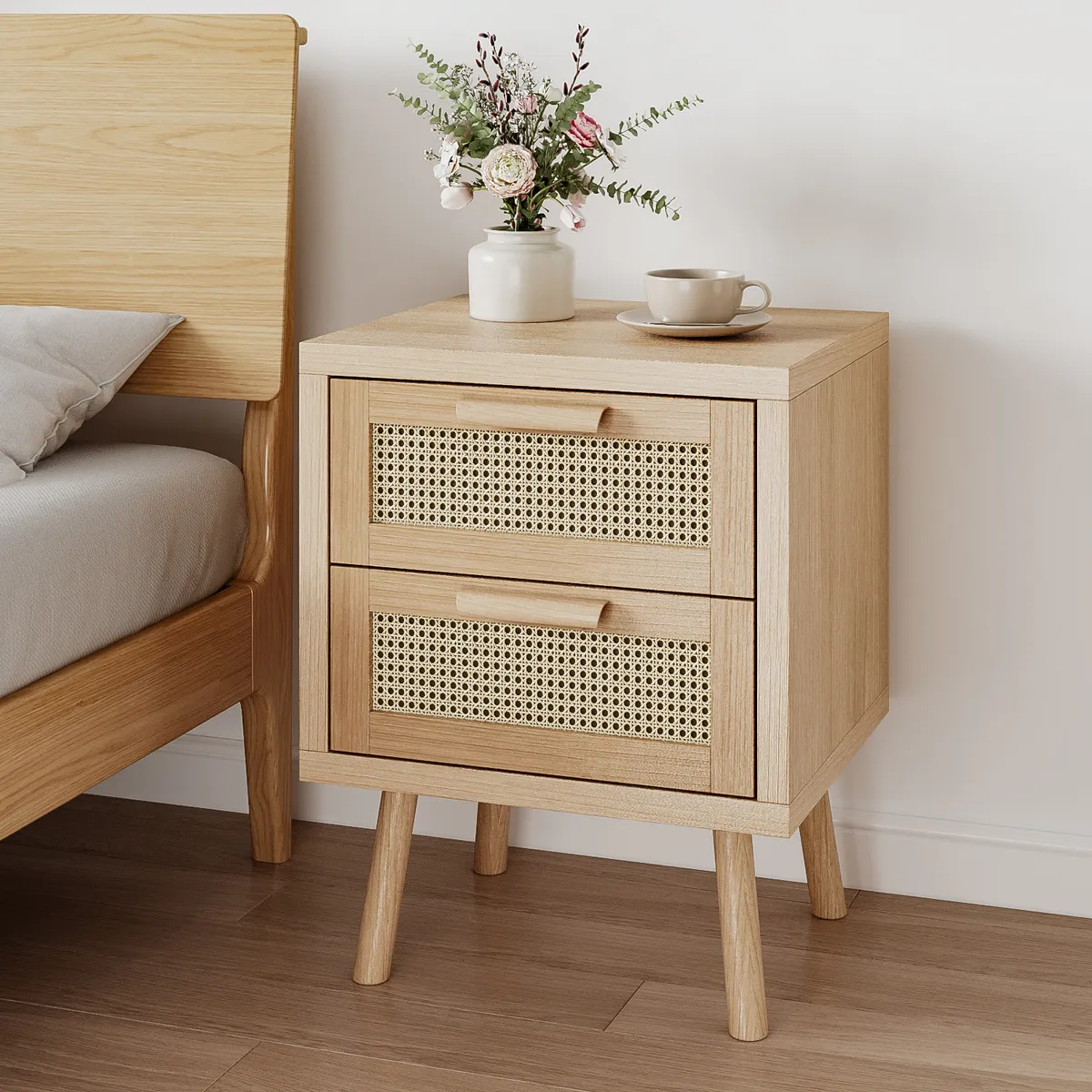 ROHE - Velador de Madera con Cajones de Ratán 40x40x58 cm Estilo Retro Moderno