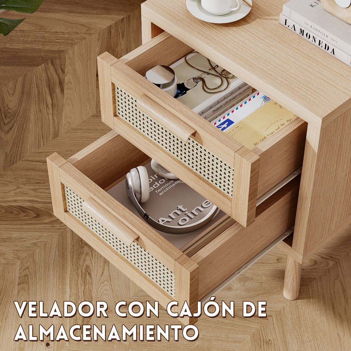 ROHE - Velador de Madera con Cajones de Ratán 40x40x58 cm Estilo Retro Moderno