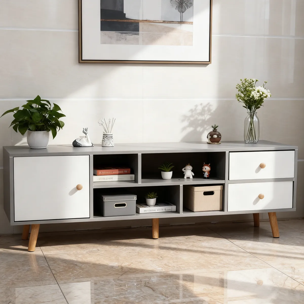 ROHE - Mesa de TV  55" 120x30x40 cm Gris Blanco ROHE con 3 Cajones MDF