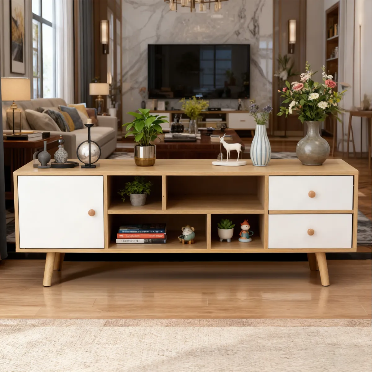 ROHE - Mesa de TV 55" 120x30x40 cm Roble Blanco ROHE con 3 Cajones MDF