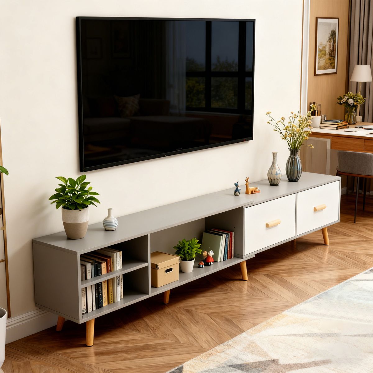 ROHE - Mesa de TV 55" (140-218)x40x30 cm Gris ROHE con 2 Cajones MDF Corredizas