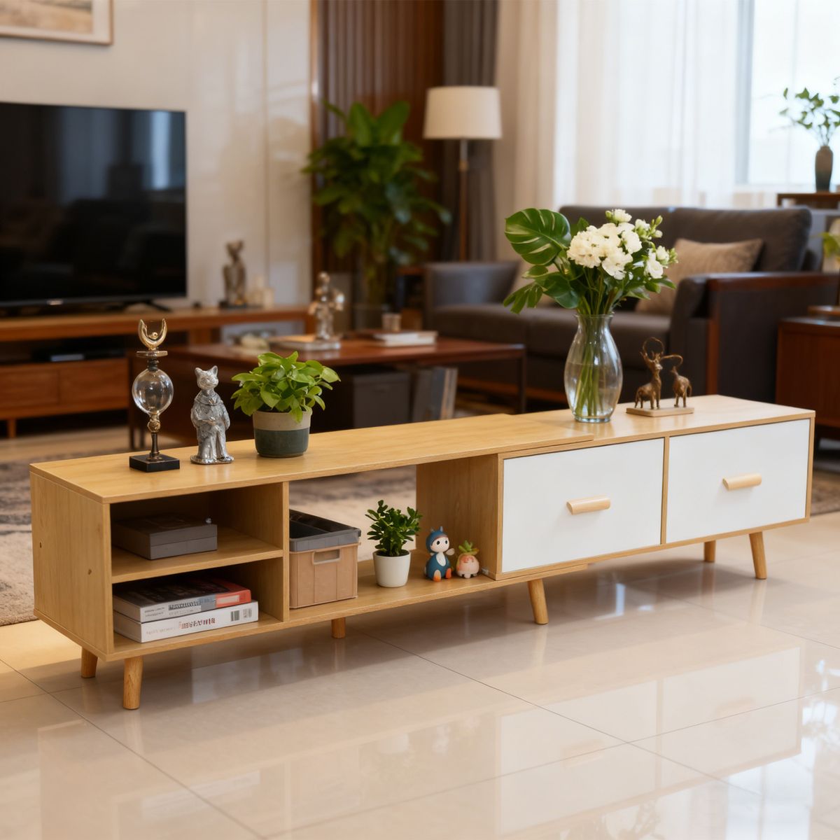 ROHE - Mesa de TV Color Roble (140-218)x40x30 cm 2 Cajones Deslizantes