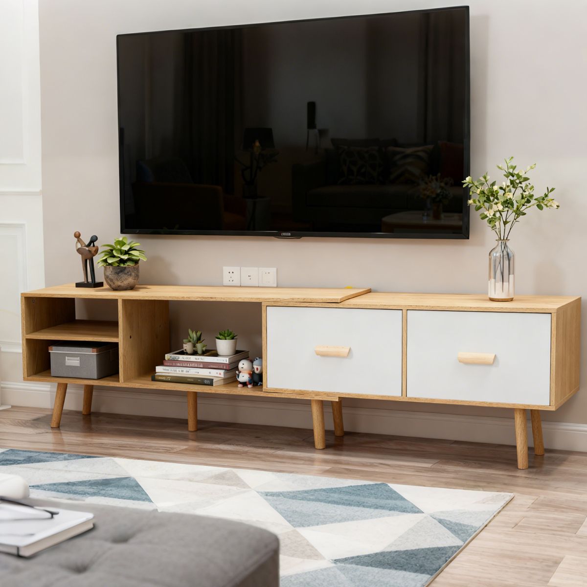 ROHE - Mesa de TV Color Roble (140-218)x40x30 cm 2 Cajones Deslizantes