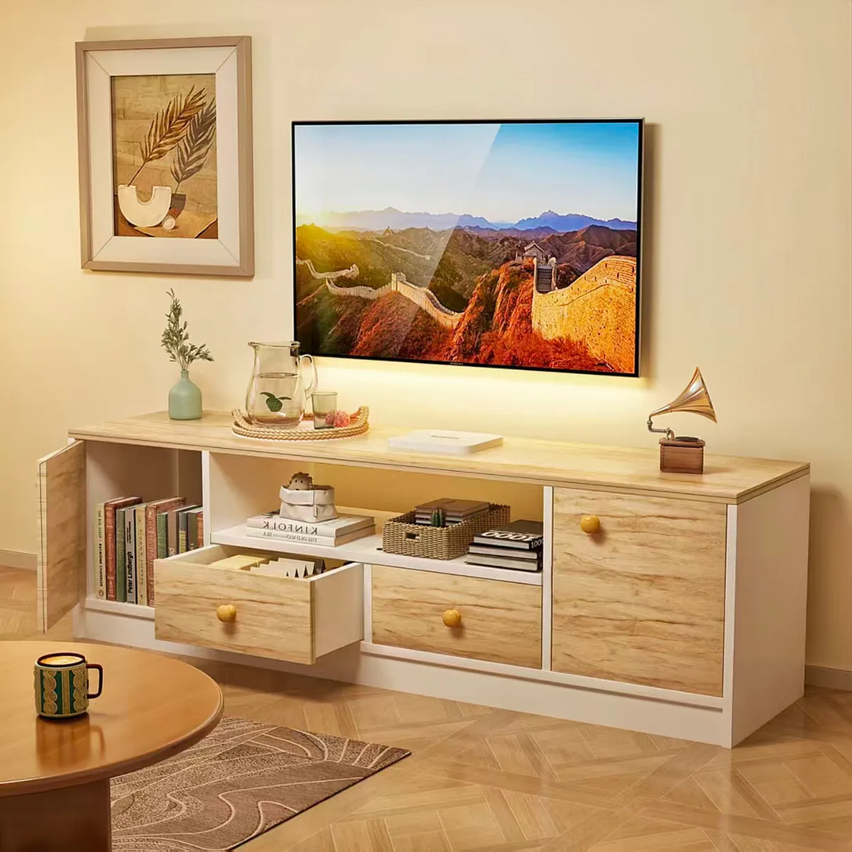 ROHE - Mesa de TV Blanco Roble 140x40x30 cm MDF 4 cajones 55 Pulgadas
