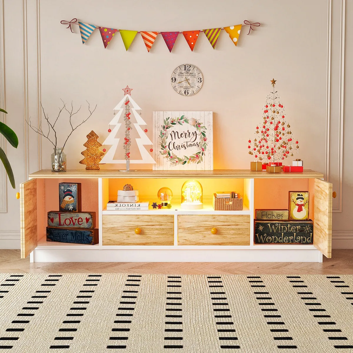 ROHE - Mesa de TV Blanco Roble 140x40x30 cm MDF 4 cajones 55 Pulgadas