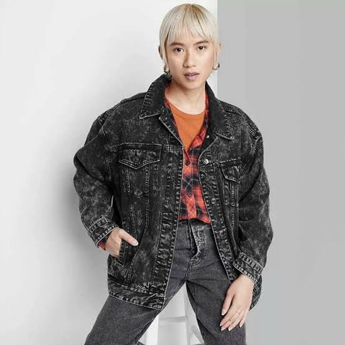 PEACE AND LOVE - Casaca Jean Negro Vintage Despintado Mujer Oversize Peace And Love