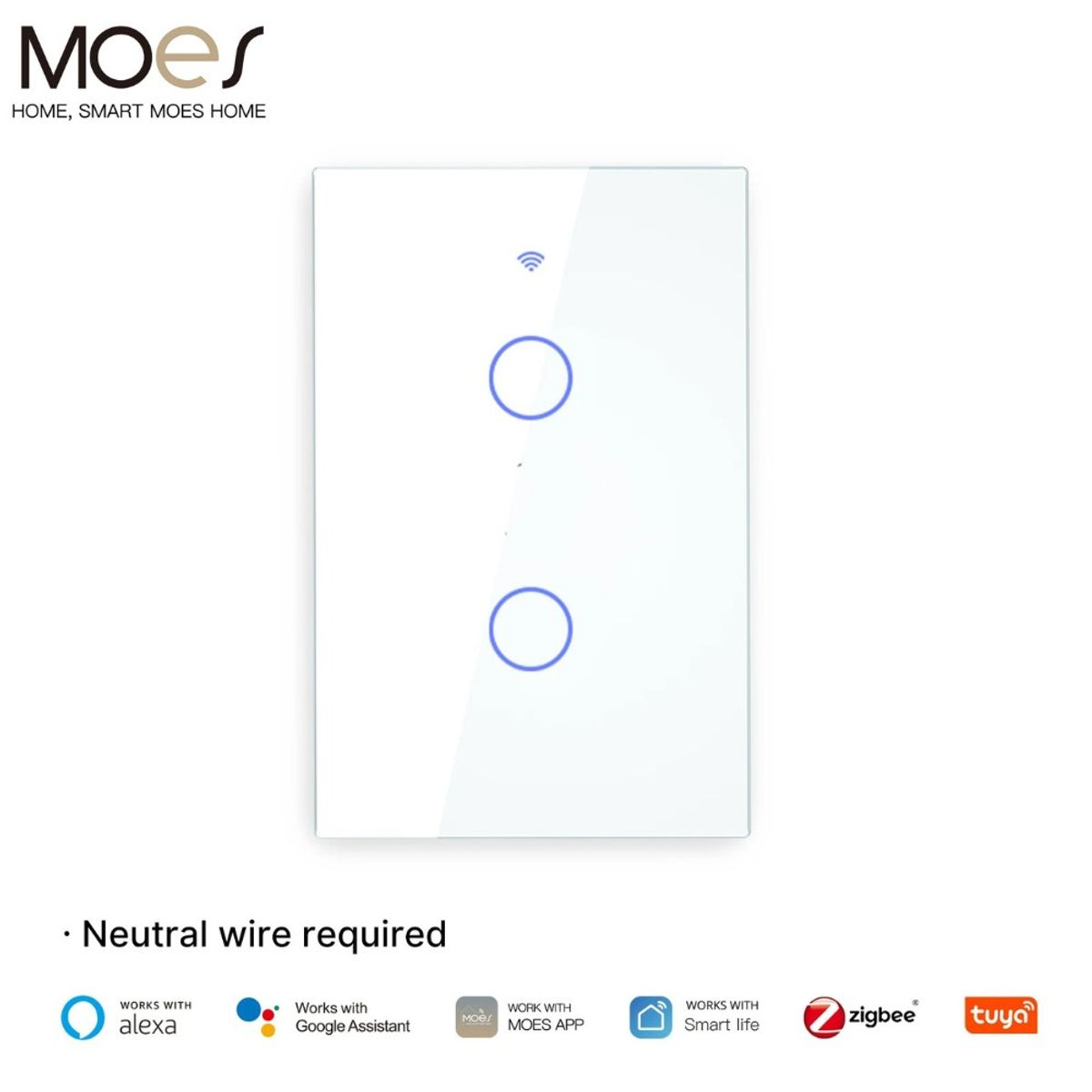 GENERICO - Interruptor Inteligente MOES ZigBee con Vidrio Táctil 2 Botón