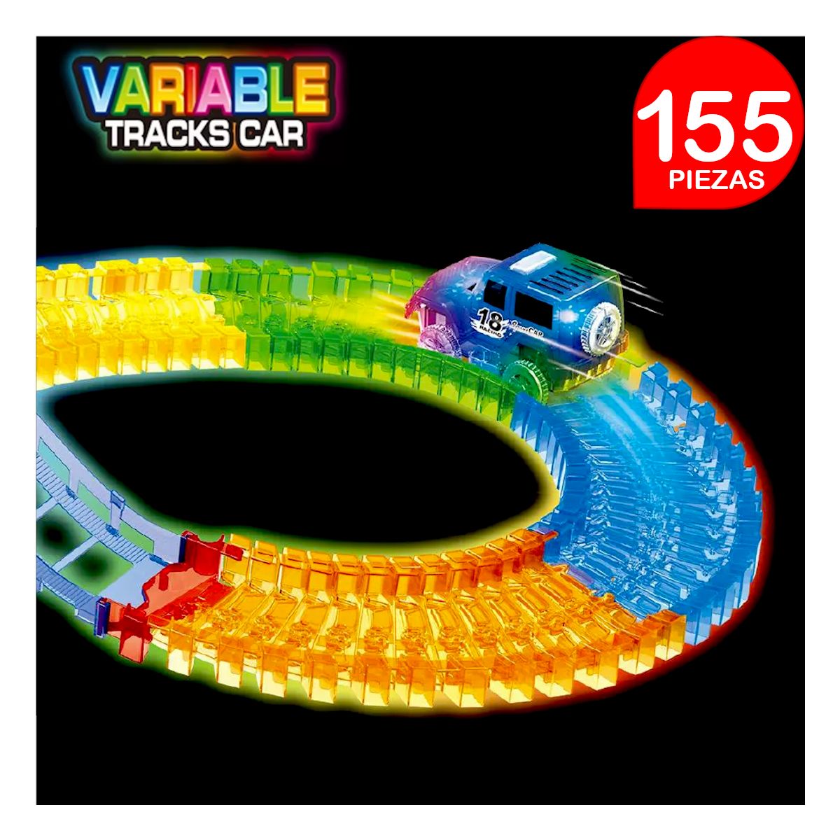 VT - Pista de carrera luminosa flexible 155 piezas 3 espirales VARIABLE TRACK