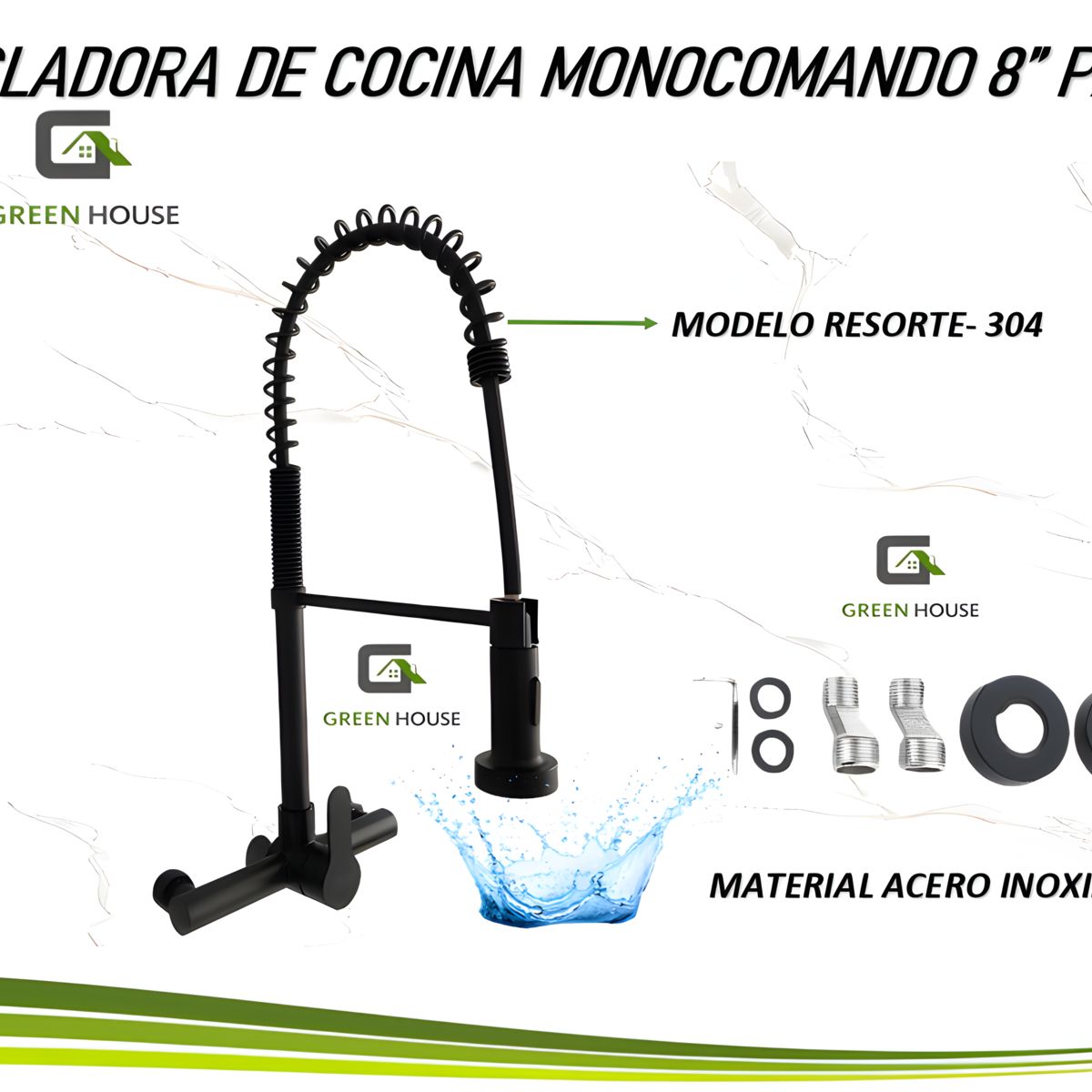 MEZCLADORA DE COCINA MONOCOMANDO 8 RESORTE NEGRO MATE, marca GREEN HOUSE - Foto Principal
