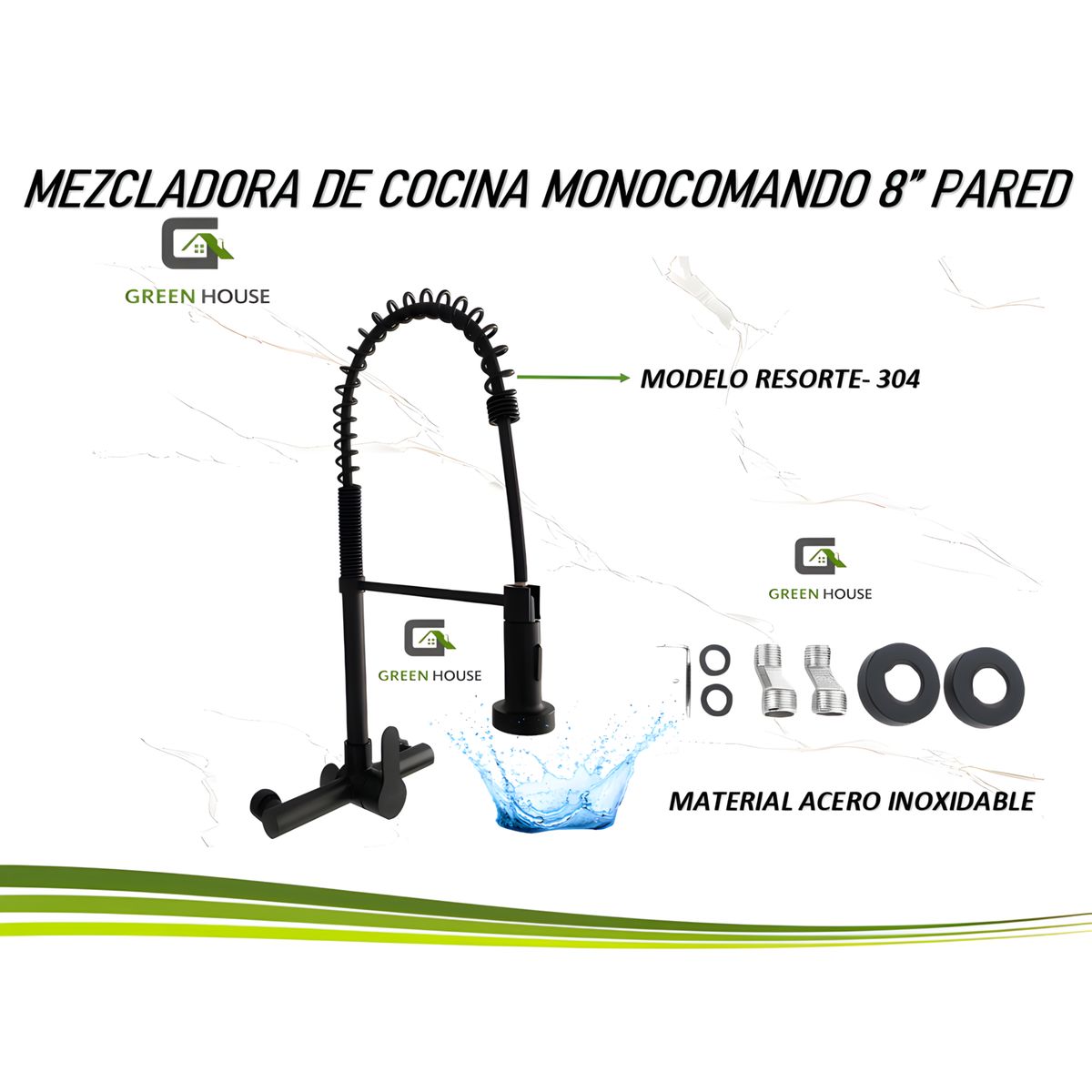 MEZCLADORA DE COCINA MONOCOMANDO 8 RESORTE NEGRO MATE, marca GREEN HOUSE - Foto Principal