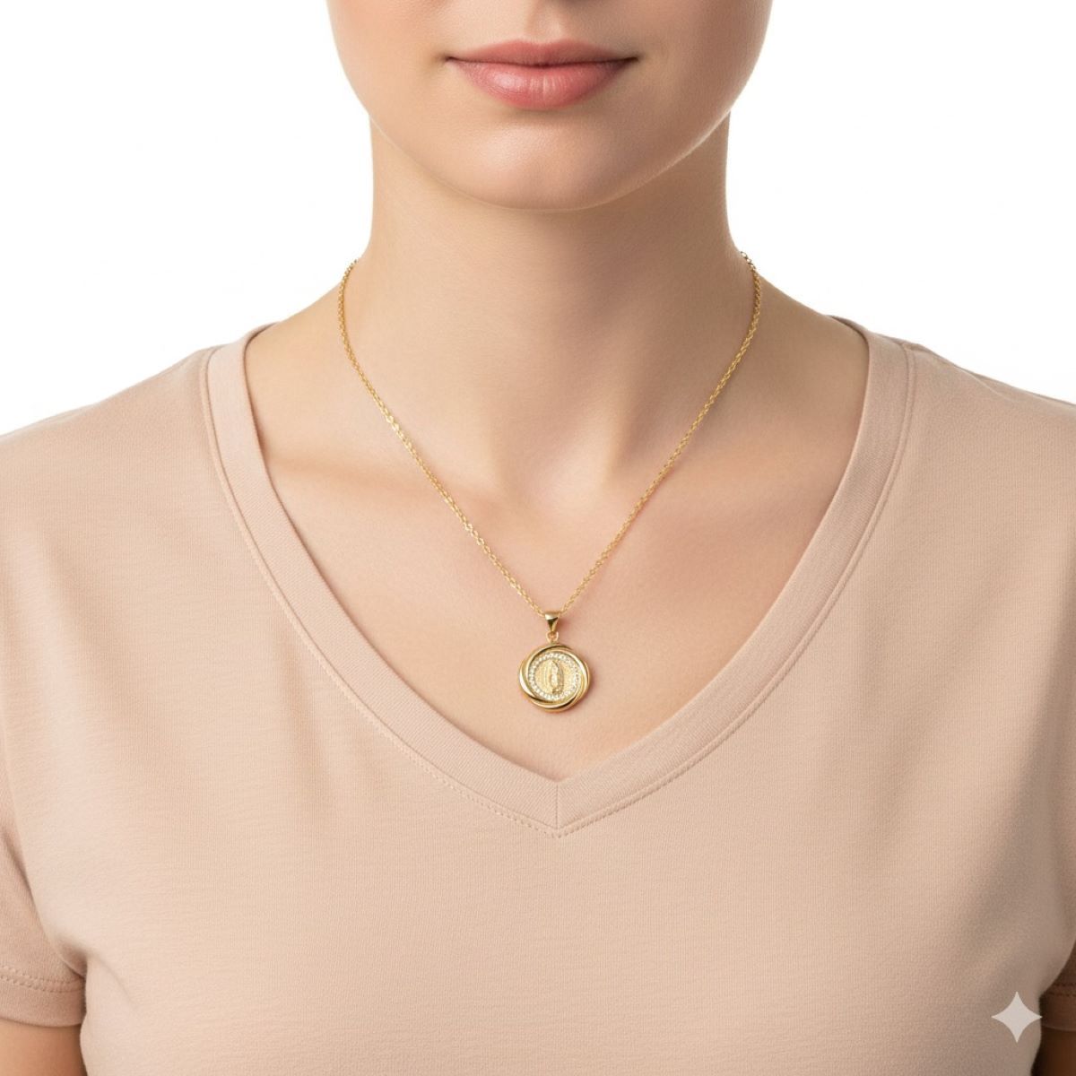 SANTORAL - Dije Virgen de Guadalupe con Brillos Dorada - Acero