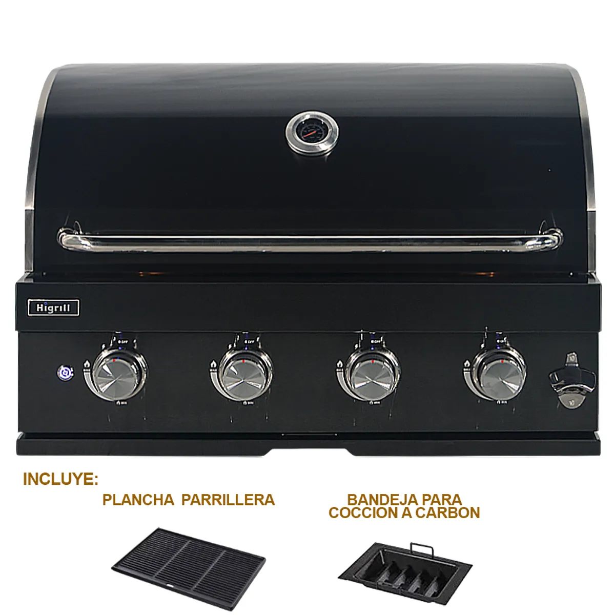 HIGRILL - Parrilla A Gas y Carbón 4 Quemadores Empotrable Acero Inox Negro con Plancha-Grill de Hierro Fundido