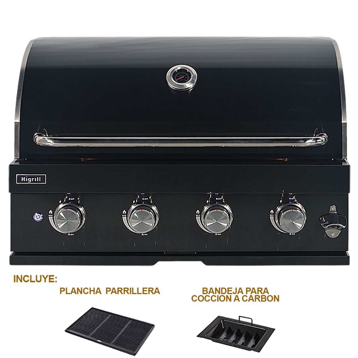 HIGRILL - Parrilla A Gas y Carbón 4 Quemadores Empotrable Acero Inox Negro con Plancha-Grill de Hierro Fundido