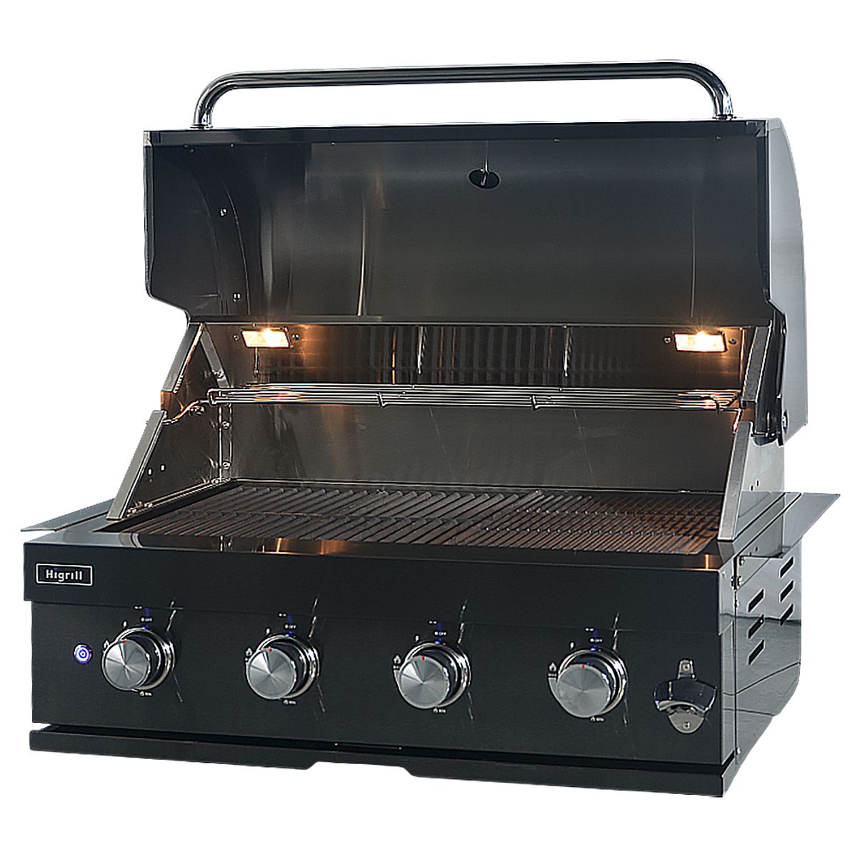 HIGRILL - Parrilla A Gas y Carbón 4 Quemadores Empotrable Acero Inox Negro con Plancha-Grill de Hierro Fundido