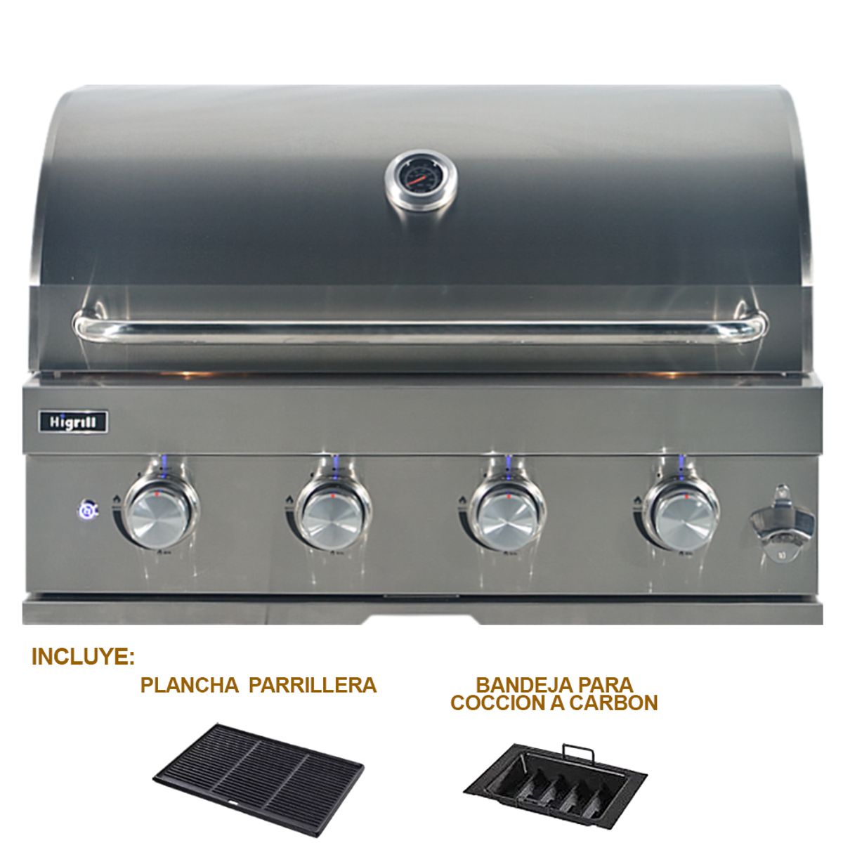 HIGRILL - Parrilla A Gas y Carbón 4 Quemadores Empotrable de Acero Inox con Plancha-Grill de Hierro Fundido