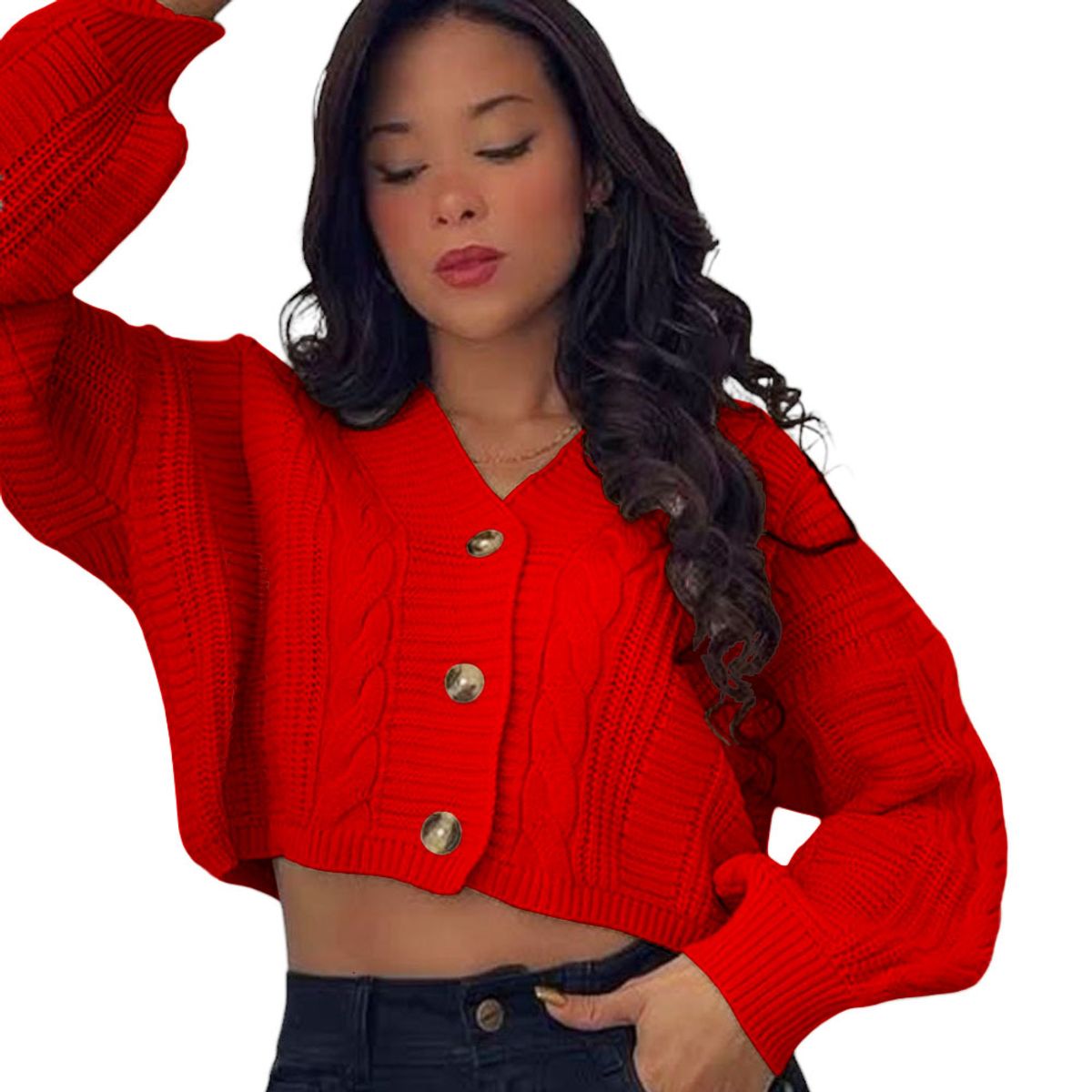 GENERICO - chompa mujer hilo corta trensa 359G-23 color rojo