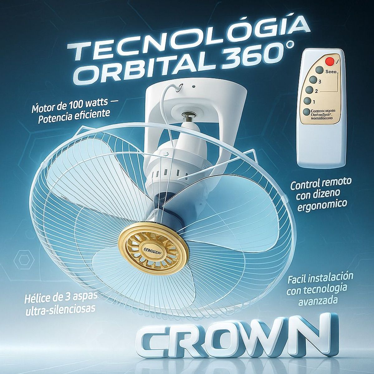 CROWN - Ventilador de Techo Crown Orbital 18”  Motor de 100W con Control Remoto